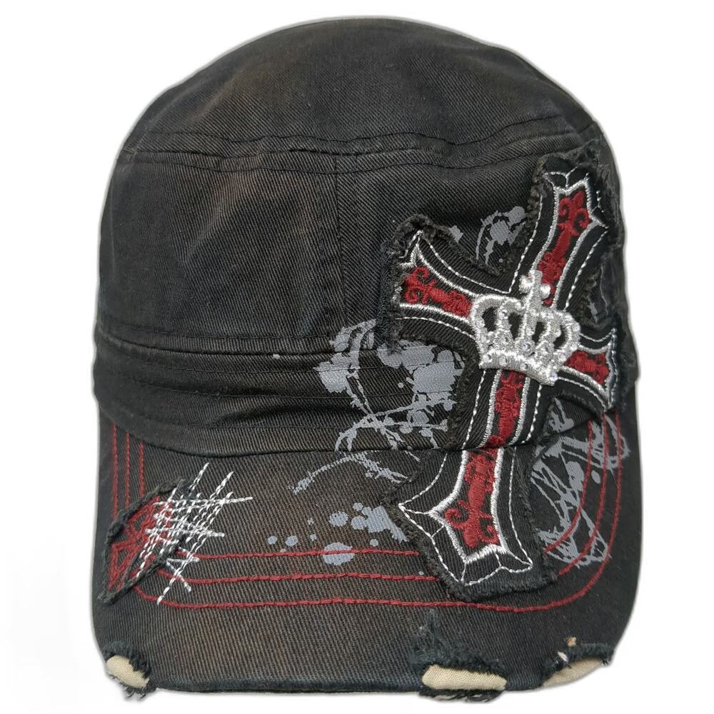 Army Cap Black One Size Cross Crown Rhinestone Distressed Biker Gothic Rock Hat